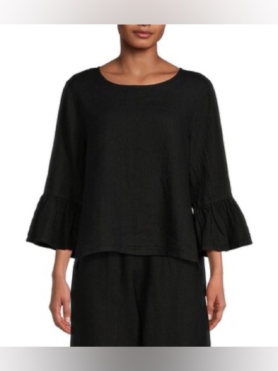 bryn Walker Tops - Fran Basic Light Linen Round Neck Ruffle 3/4 Bell Sleeve High-Low Shirt